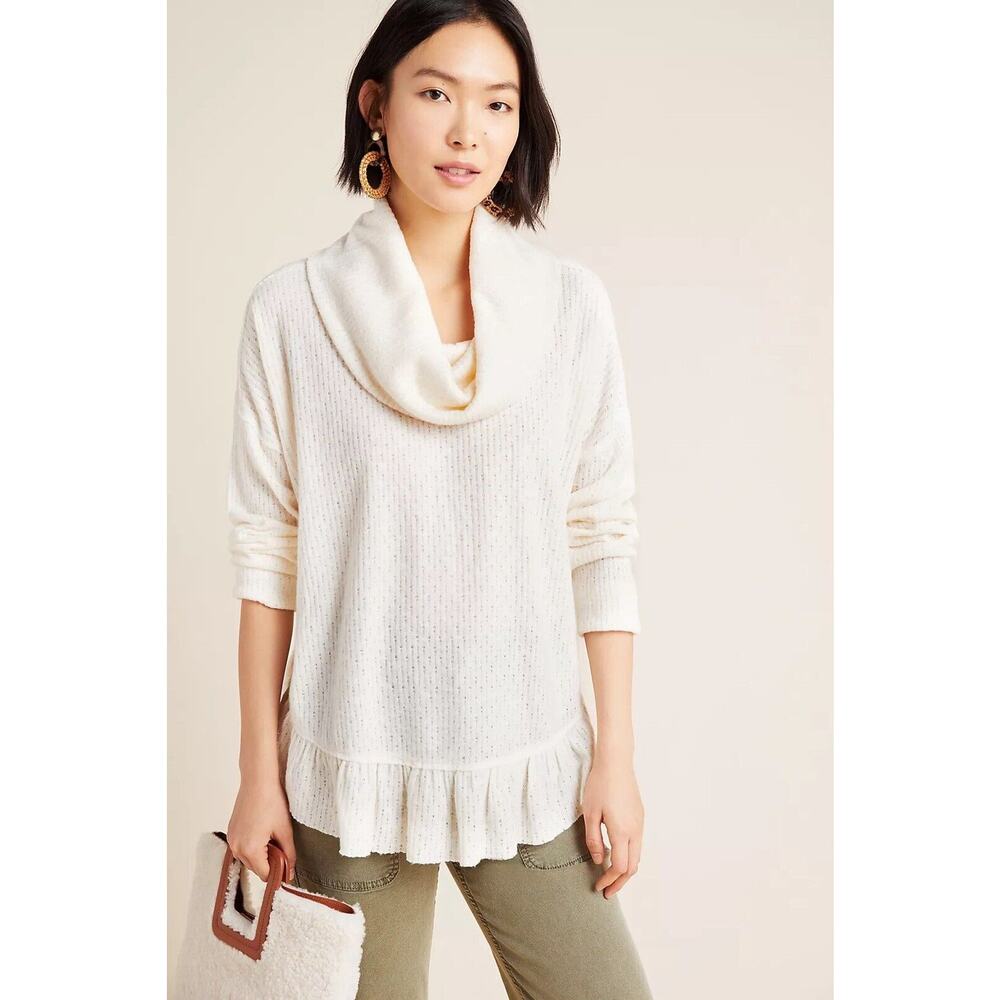 MAEVE Anthropologie Addie Ruffled Hacci Pullover Sweater Top Ivory Cream Sz S